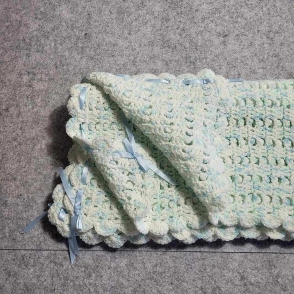 Handmade Crochet Baby Blanket – Multicolor with Lace Bow – 36x36